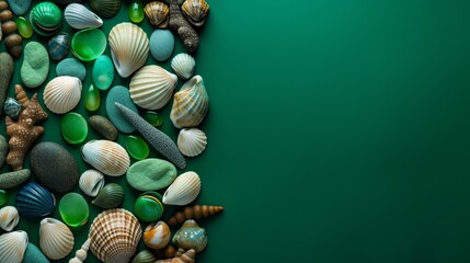 background of many shells and stones on green with space for text.
