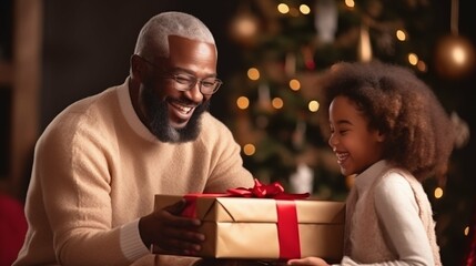 Obraz premium African American father presenting a gift to a girl
