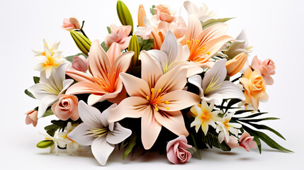 White background with beautiful lilies seen from above