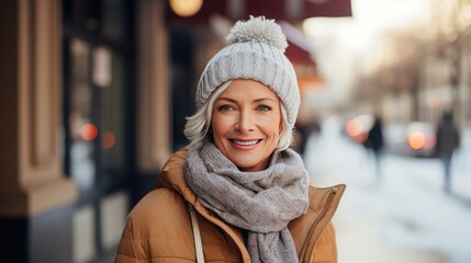 urban winter style: Portrait of a smiling middle-aged woman in stylish winter attire. Best image secures stocks in a leading winter fashion and lifestyle brand!