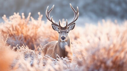 Red deer buck stand in the frosted grass