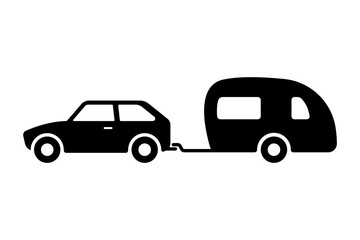 Car with camper trailer icon. Caravan, motorhome. Black silhouette. Side view. Vector simple flat graphic illustration. Isolated object on a white background. Isolate.