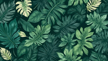 Tropical leaves background of dark green tropical leaves, banner with green floral pattern 