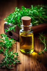 Thyme essential oil in a bottle. Generative AI,