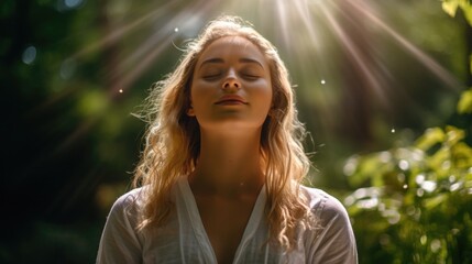 Mindfulness. Photo of a teenager in a peaceful garden, practicing mindful breathing, dressed in loose, comfortable clothing from the casual wear line.