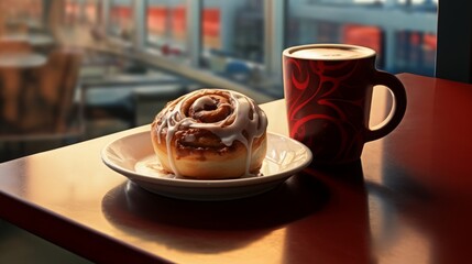 Cinnabon bun and mug of coffee on the table. - obrazy, fototapety, plakaty