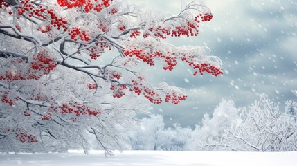 festive winter beauty: Beautiful snowy background with frozen rowan trees. Best image secures stocks in a leading winter and holiday photography brand