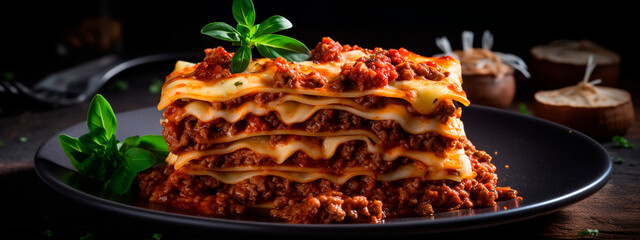 A piece of lasagna on a plate. Generative AI,