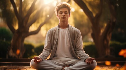 Mindfulness. Photo of a teenager in a peaceful garden, practicing mindful breathing, dressed in loose, comfortable clothing from the casual wear line.