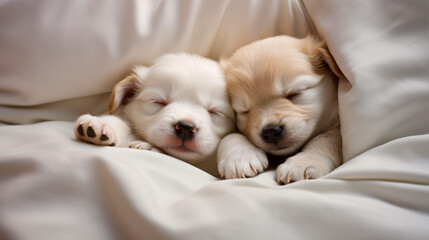 Two puppies are sleeping in bed. Generative AI,