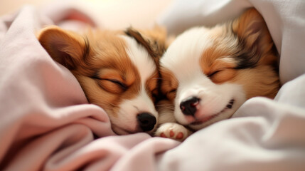 Two puppies are sleeping in bed. Generative AI,
