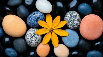 Fototapeta na wymiar Bright Yellow Flower Blossoming Amidst a Collection of Multicolored Pebbles and Stones