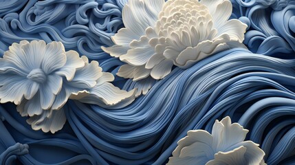Serene Blue and White Floral Waves: A Tranquil Display of Nature-Inspired Sculptural Artistry