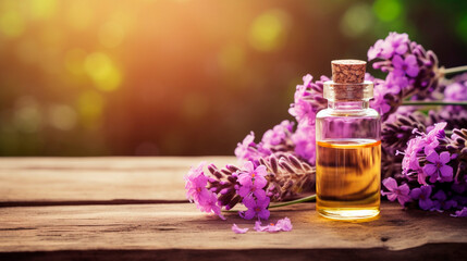Verbena essential oil in a bottle. Generative AI, - obrazy, fototapety, plakaty