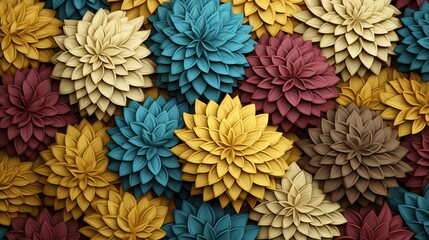 Autumnal Harmony in Paper Craft: Rich Hues of Blooming Dahlias in a Textured Mosaic