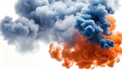 tangerine and indigo smoke cloud, isolated, white background, blue and orange smoke