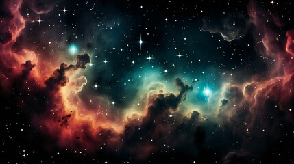 Serene Cosmic Dance of Nebulous Clouds and Twinkling Stars in the Vast Universe - obrazy, fototapety, plakaty