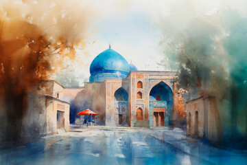 Uzbekistan, Samarkand mosque, watercolor illustration. AI generative - obrazy, fototapety, plakaty