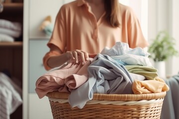 woman holding a basket of clothes with her hands to wash at home - Powered by Adobe