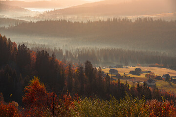 Krajobraz jesienny w Beskidach. Mgliste góry o świcie. Relaks, wypoczynek i pastelowy wschód słońca. - obrazy, fototapety, plakaty