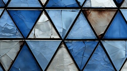 Cracked Geometric Blue Glass Panels in Abstract Artistic Expression