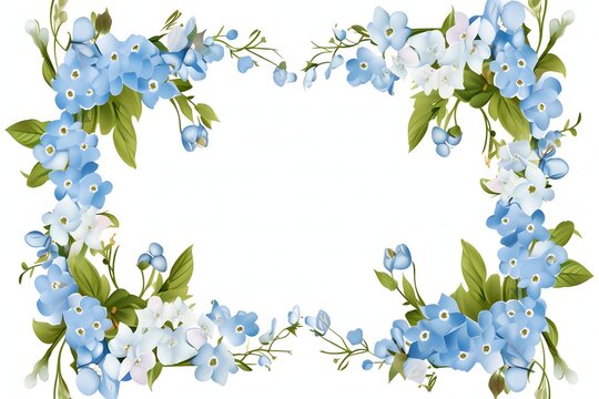 background frame with blue and white forget-me-not, lily of the valley and plumbago flowers.