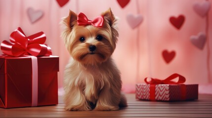 heartwarming scene: Funny portrait of a cute puppy dog with a gift against the background of hearts. Best image secure stocks in a leading Valentine's Day and pet photography brand!