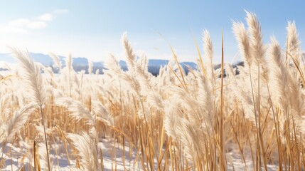 Fototapeta premium winter serenity: Tall dried crops under the snow.