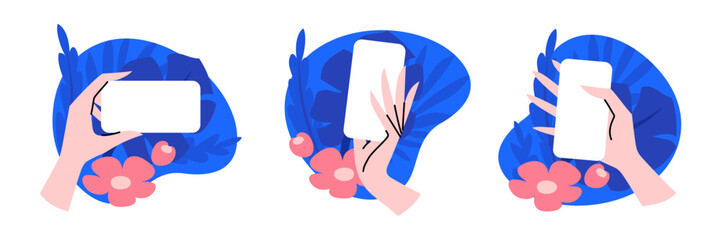 Cute cartoon hand holding mobile smart phone with blank white screen on a background of plants and flowers. Vector illustration of modern mockup