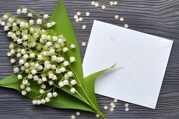Mockup with postcard and lilies of the valley on white background card and bouquet.