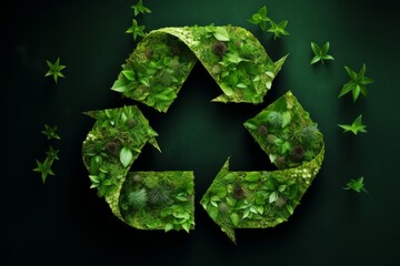 Recycling sign made of grass on green background. Environmental protection, ecology, recycling concept