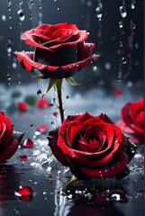 red rose with water drops, blurry dark background 