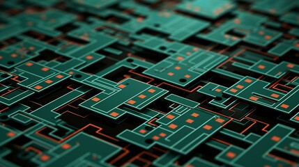 Intricate Circuitry Maze in Emerald and Orange on a Dark Electronic Background - obrazy, fototapety, plakaty
