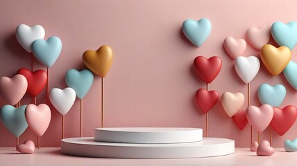 Multicolored Mockup Space: White Pedestal with Hearts for Valentine's Day Presentation