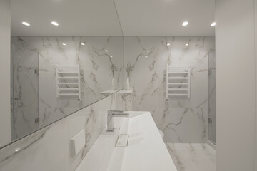Modern minimalist white bathroom interior design with marble style tiles and white taps, vase and...