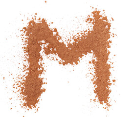 Cocoa powder alphabet letter M, symbol isolated on white, clipping path - obrazy, fototapety, plakaty
