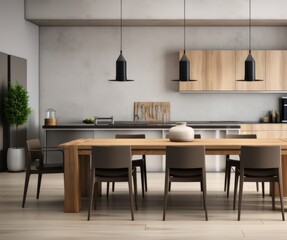 modern kitchen with a large table, Scandinavian minimalism style