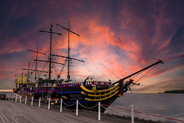 Pleasure vintage sailing ship in the style of the Spanish galleon	 - obrazy, fototapety, plakaty