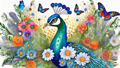 peacock in the garden. Concept digital art illustration of peacock. Generative AI