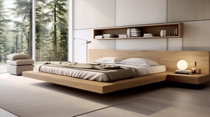 a Scandinavian-inspired minimalist bedroom with hidden storage compartments under a platform bed