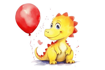 Cute Yellow Dinosaur with Red Balloon Isolated on White Background Watercolor Illustration. Greeting Birthday Card for Children