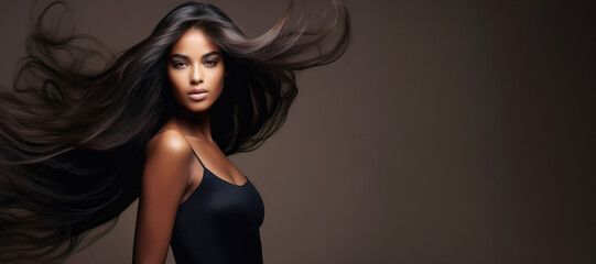 Portrait of Beautiful Brunette Black Woman with Long Straight Hair Flying in the Wind. Copy Space Banner © fotoyou
