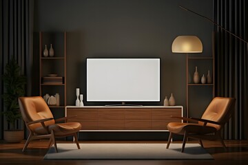 Tv mockup in living room at night. Tv screen, tv cabinet, chairs, bookshelf.