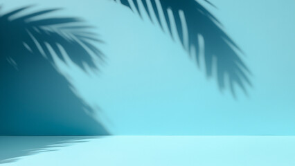 Fototapeta na wymiar 3D rendering of empty blue room with shadow of palm leaf.
