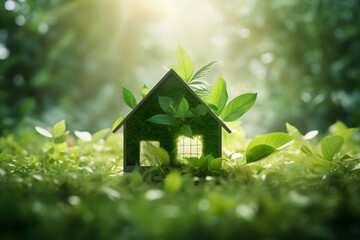 green plants, energy concept, Toy model, Green Environment, eco private house, spring grass - obrazy, fototapety, plakaty