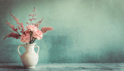 pink flower bouquet on vintage table; widescreen wallpaper / background with text space - Powered by Adobe