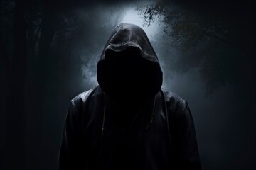 hooded man on dark background - obrazy, fototapety, plakaty