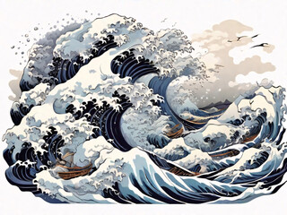 Fototapeta na wymiar Japan swirl wave ocean painting illustration. tsunami drawing, Japanese asia and oriental traditional line art design.