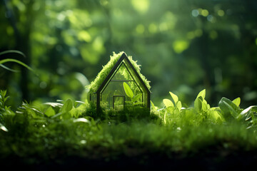 green plants, energy concept, Toy model, Green Environment, eco private house, spring grass - obrazy, fototapety, plakaty