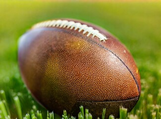 American football ball on field closeup photography